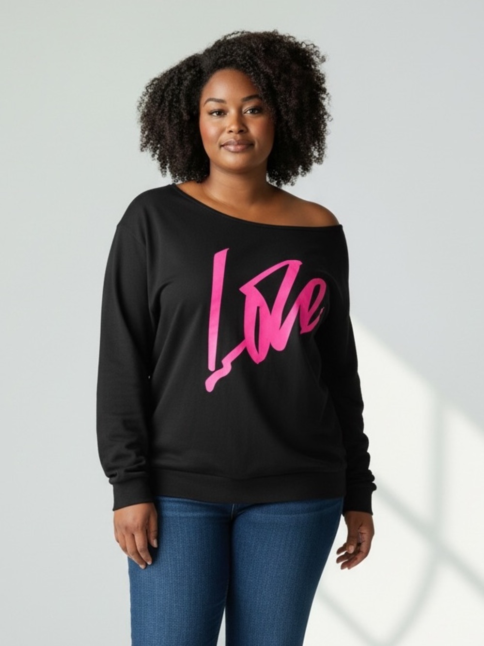 Black Off-Shoulder Sweatshirt with Pink 'Love' Script